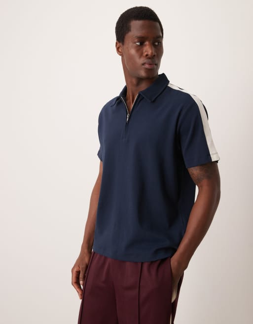 ASOS DESIGN – Granatowa prążkowana koszulka polo o kroju podkreślającym sylwetkę z zamkiem