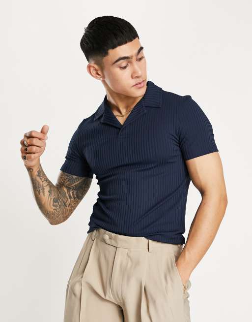 ASOS DESIGN – Granatowa prążkowana koszulka polo o kroju podkreślającym sylwetkę