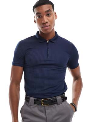 ASOS DESIGN – Granatowa prążkowana koszulka polo o kroju podkreślającym sylwetkę