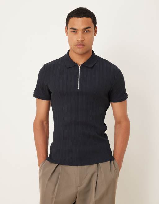 ASOS DESIGN – Granatowa prążkowana koszulka polo o kroju podkreślającym sylwetkę 