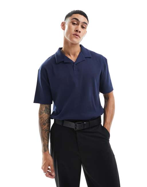 ASOS DESIGN – Granatowa prążkowana koszulka polo o luźnym kroju z kołnierzykiem kubańskim
