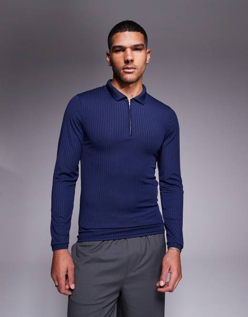 ASOS DESIGN – Granatowa prążkowana koszulka polo z długim rękawem o kroju podkreślającym sylwetkę