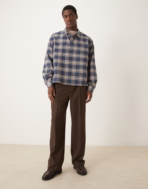 ASOS DESIGN – Granatowa pudełkowa koszula oversize zakładana przez głowę we wzór w kratkę z haftowaną wstawką na piersi