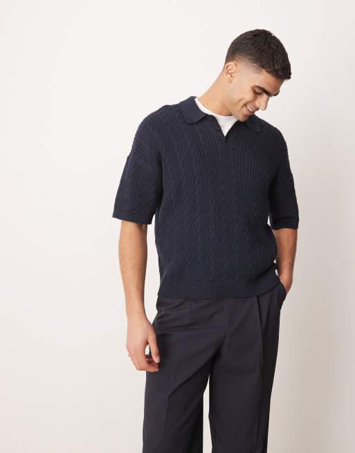 ASOS DESIGN – Granatowa pudełkowa koszulka polo z prążkowanej dzianiny o luźnym kroju