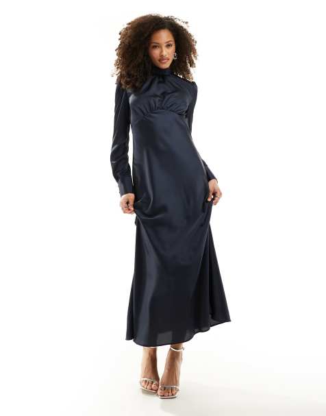 ASOS DESIGN – Granatowa satynowa sukienka maxi wykończona wysoko pod szyją - view 1