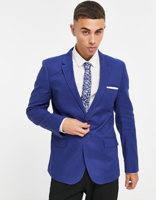 ASOS DESIGN – Granatowa ślubna marynarka garniturowa o dopasowanym kroju z domieszką lnu