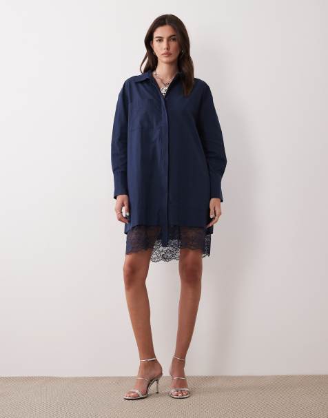 ASOS DESIGN – Granatowa sukienka koszulowa z koronkowym wykończeniem - view 1