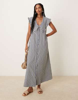 ASOS DESIGN – Granatowa sukienka maxi bez rękawów z kołnierzem w kratkę vichy - view 1