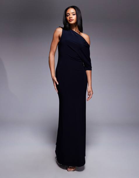 ASOS DESIGN – Granatowa sukienka maxi na jedno ramię z drapowaną pelerynką - view 1