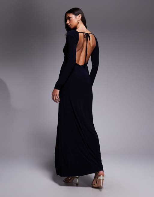 ASOS DESIGN – Granatowa sukienka maxi z długimi rękawami, głębokim dekoltem i skręconym detalem