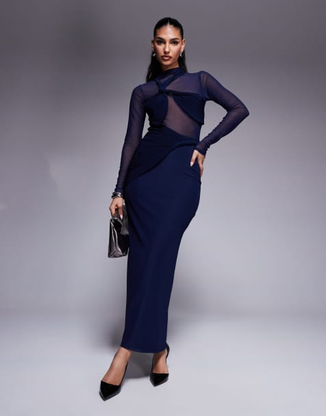 ASOS DESIGN – Granatowa sukienka maxi z prześwitującej siateczki ze skręconym przodem - view 1
