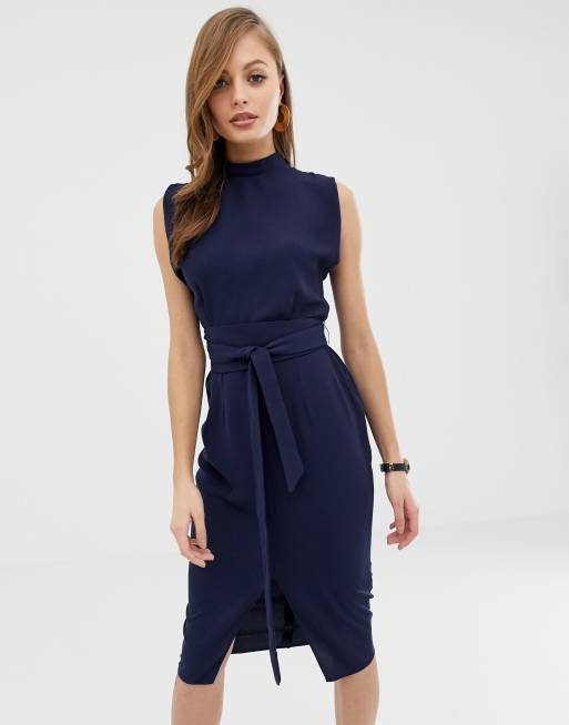 ASOS DESIGN – Granatowa sukienka midi z rozcięciem na rękawach i wiązanym paskiem