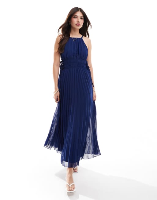 ASOS DESIGN – Granatowa sukienka midi z zabudowanym dekoltem, ściągana w talii