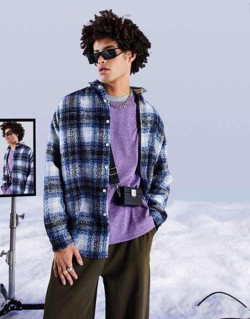 ASOS DESIGN – Granatowa szczotkowana kurtka koszulowa extreme oversize z domieszką wełny w kratę