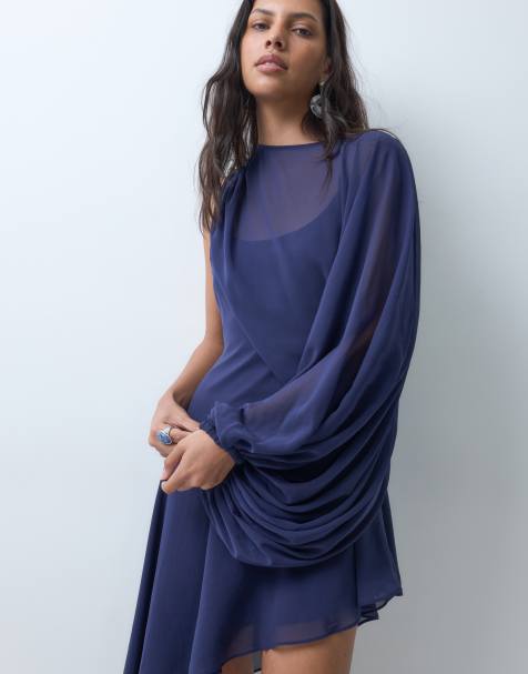 ASOS DESIGN granatowa szyfonowa mini sukienka z długim rękawem i bluzującym dołem - view 1