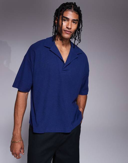ASOS DESIGN – Granatowa teksturowana koszulka polo oversize z kołnierzykiem kubańskim