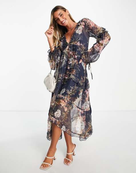 ASOS DESIGN – Granatowa warstwowa sukienka midi w kwiaty z koronkowym wykończeniem - view 1