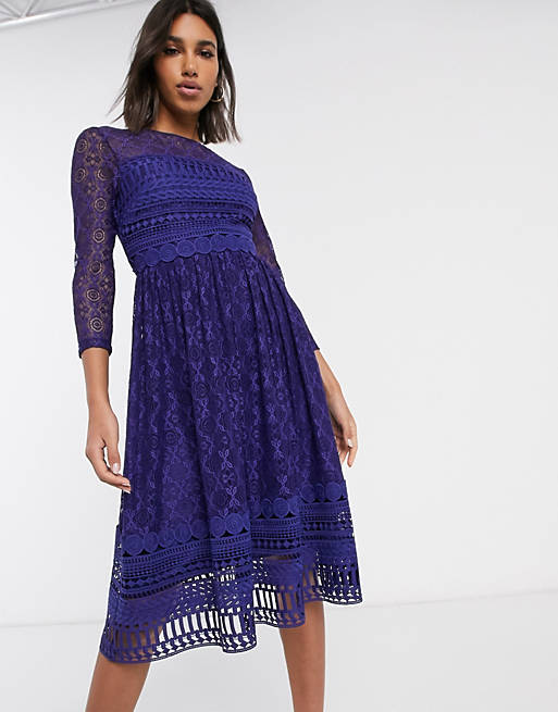ASOS DESIGN – Granatowa wysokiej jakości koronkowa sukienka midi skater