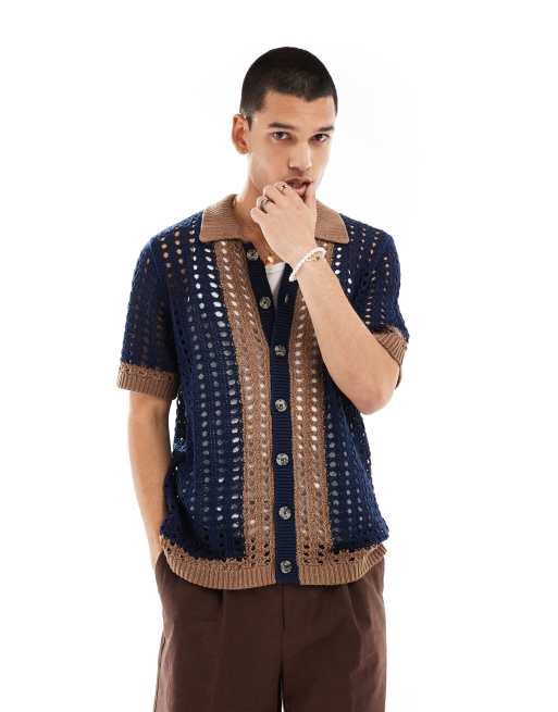 ASOS DESIGN – Granatowa zapinana na guziki koszula polo z ażurowej dzianiny