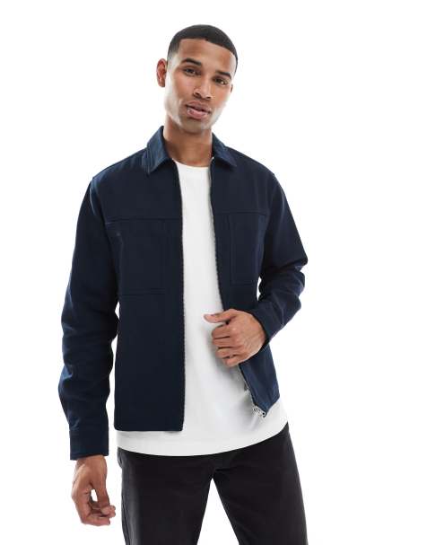 ASOS DESIGN zip through heavyweight twill overshirt in navy