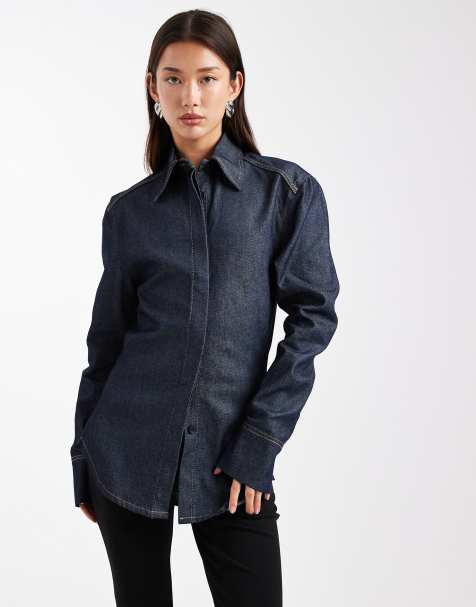 ASOS DESIGN – Granatowa zwężana w talii koszula jeansowa z poduszkami na ramionach - view 1