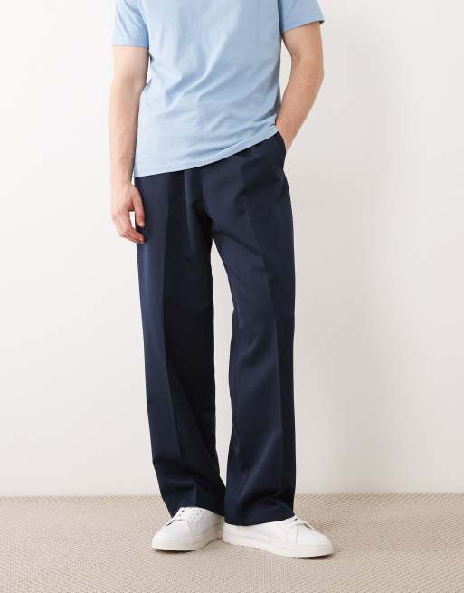 ASOS DESIGN – Granatowe dopasowane wciągane spodnie z szerokimi nogawkami, 4 z 5