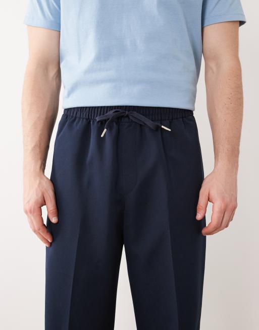 ASOS DESIGN – Granatowe dopasowane wciągane spodnie z szerokimi nogawkami, 5 z 5