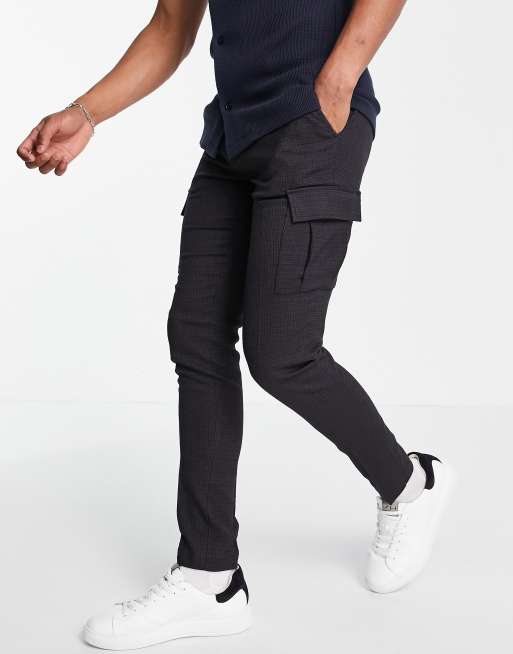 ASOS DESIGN – Granatowe eleganckie spodnie bojówki o obcisłym kroju, w drobną kratkę