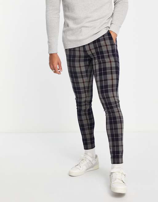 ASOS DESIGN – Granatowe eleganckie spodnie o bardzo obcisłym kroju w kratę