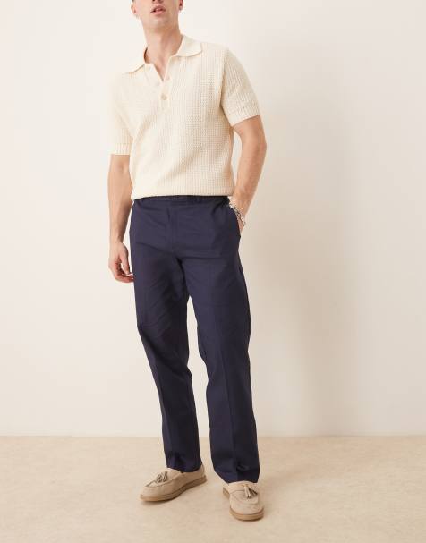 ASOS DESIGN smart straight leg linen blend trousers in navy