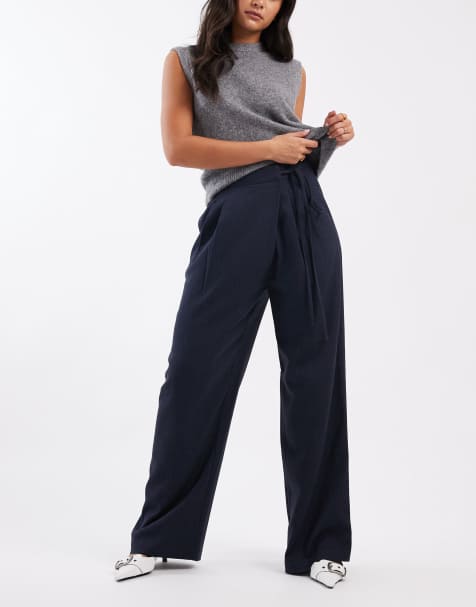ASOS DESIGN tailored wide leg trousers with wrap tie detail in navy