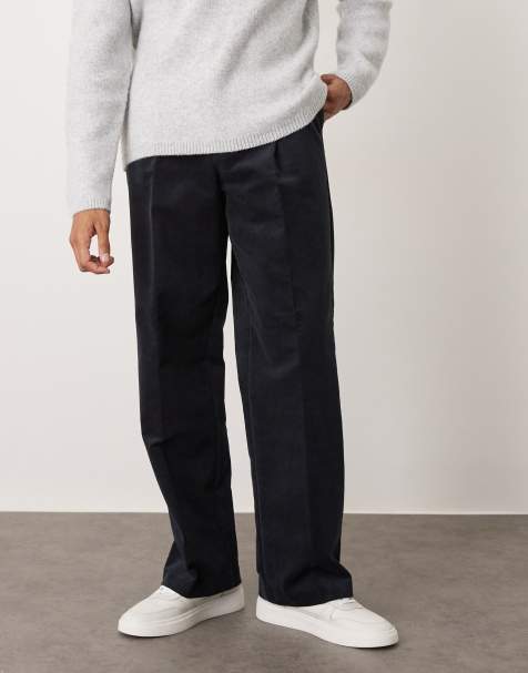 ASOS DESIGN smart pleated cotton rich wide leg corduroy trousers in navy