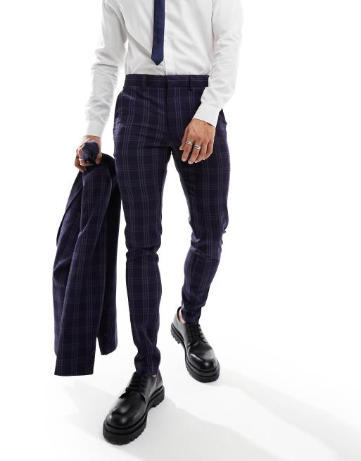 ASOS DESIGN – Granatowe garniturowe spodnie o bardzo obcisłym kroju w kratę