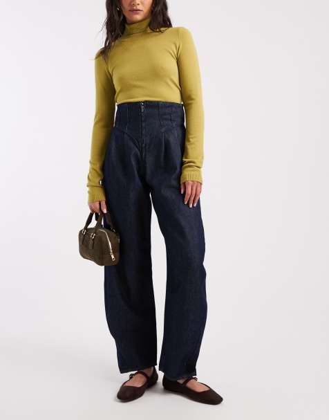 ASOS DESIGN – Granatowe jeansy z podwyższonym stanem, baryłkowatymi nogawkami i gorsetowym detalem - view 1