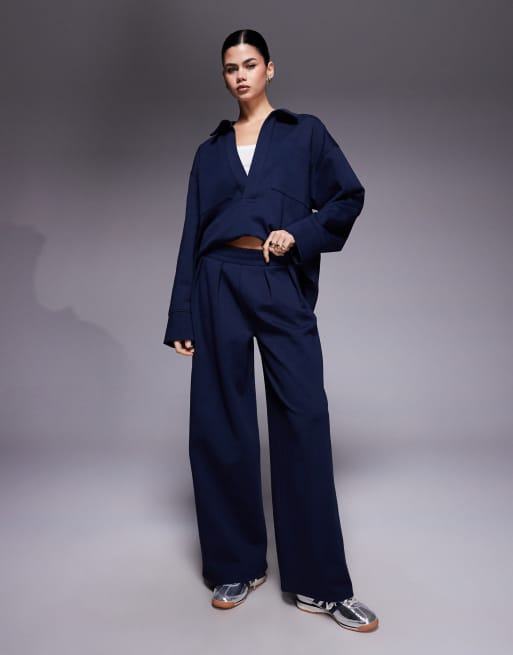 ASOS DESIGN – Granatowe joggersy z szerokimi nogawkami z materiału interlock, część zestawu