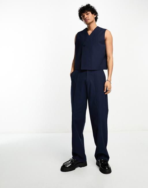 ASOS DESIGN – Granatowe lniane szerokie spodnie garniturowe