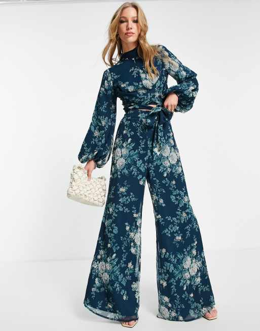 ASOS DESIGN – Granatowe miękkie spodnie z szerokimi nogawkami w kwiatowy wzór – część zestawu