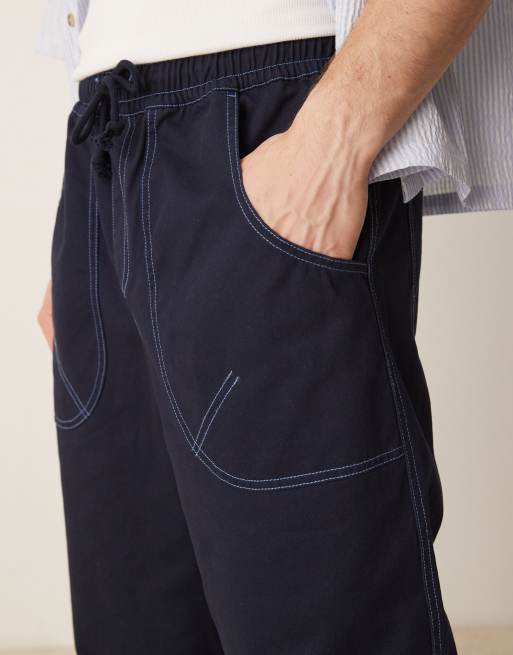 ASOS DESIGN – Granatowe obszerne spodnie nylonowe z kontrastowymi szwami, 4 z 5