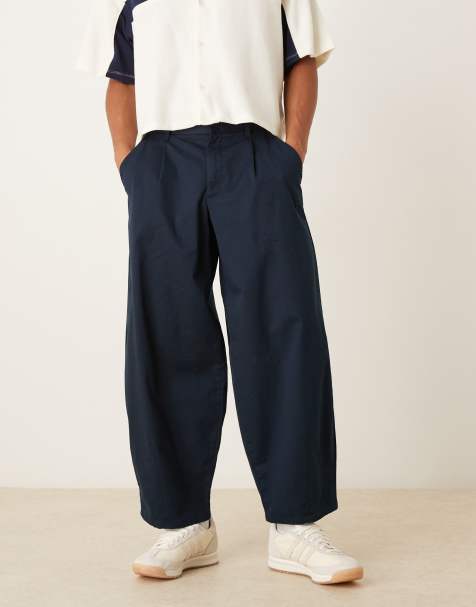 ASOS DESIGN barrel fit trousers with elasticated waist in navy 
