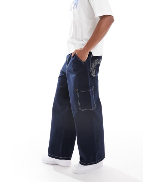 ASOS DESIGN loose cargo trousers in navy with embroidered back pockets