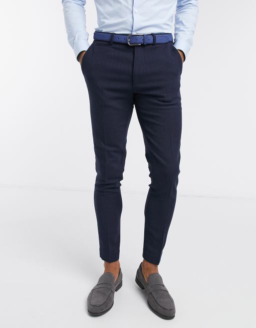 ASOS DESIGN Wedding – Granatowy bardzo obcisły garnitur z mieszanki wełny w jodełkę, 4 z 4