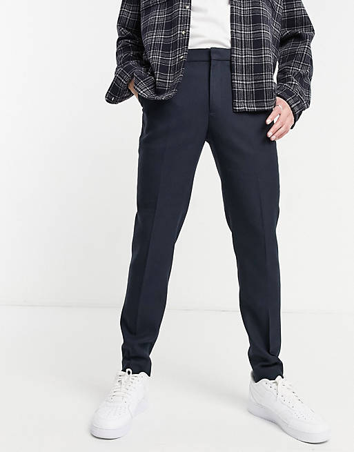 ASOS DESIGN – Granatowe spodnie garniturowe z kolekcji ślubnej o bardzo obcisłym kroju z materiału przypominającego wełnę