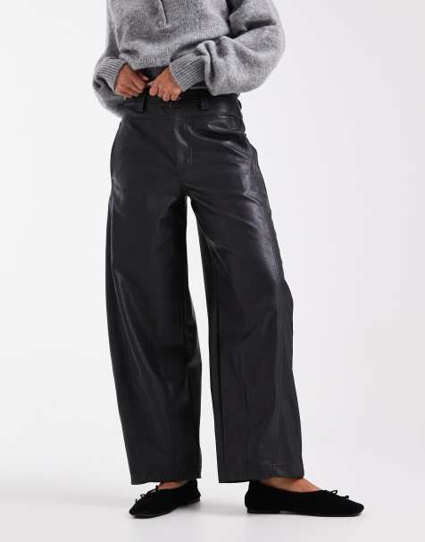 ASOS DESIGN faux leather barrel leg trousers with seam detail in navy