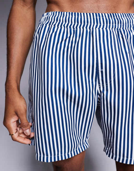 ASOS DESIGN – Granatowe średniej długości szorty kąpielowe w paski, 4 z 4
