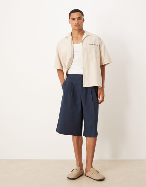 ASOS DESIGN – Granatowe szorty bermudy oversize z imitacji lnu