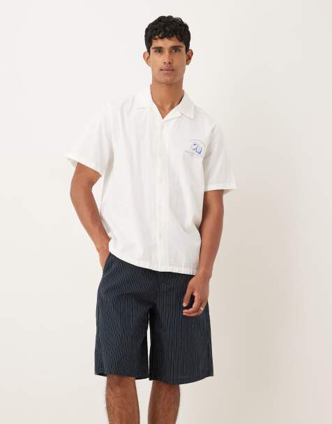 ASOS DESIGN long length pull on shorts in navy pinstripe