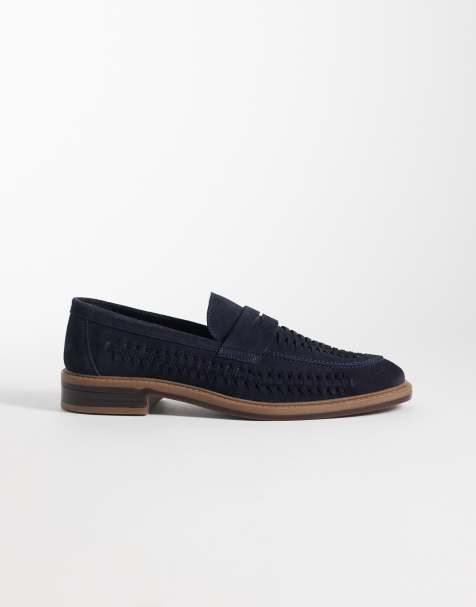 ASOS DESIGN – Granatowe zamszowe loafersy penny z plecioną wstawką - view 1