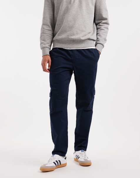ASOS DESIGN tapered pull on cargo trousers in navy