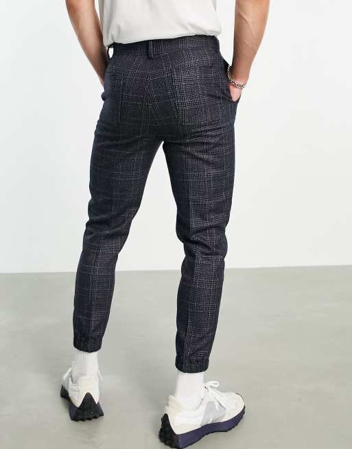 ASOS DESIGN – Granatowe zwężane spodnie garniturowe w kratę ze ściągaczami, 2 z 4