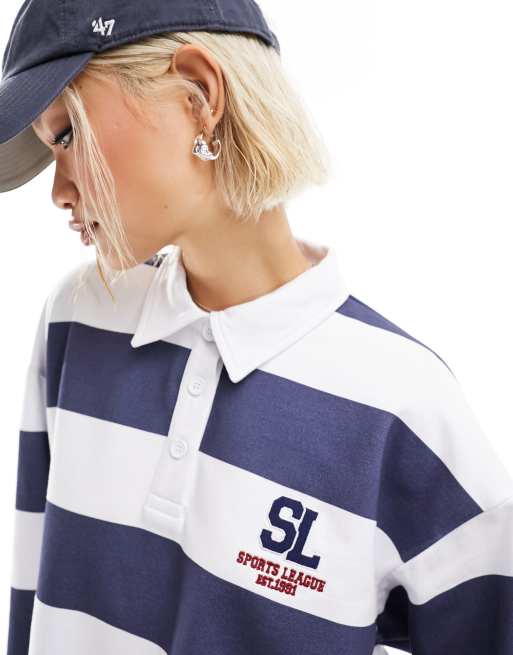ASOS DESIGN – Granatowo-biała koszula w paski w stylu rugby z logo, 2 z 4